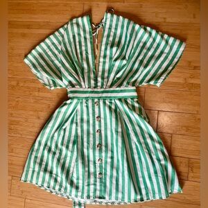 Women’s Green and White Striped Dress Deep V Dress - Medium